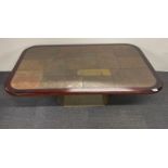 A 1970's ceramic tile topped teak and pedestal coffee table, three tiles inlaid with brass, 129 x 80