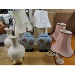 Five ceramic table lamps and shades.