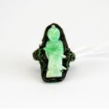 A rare early 20th century Chinese filigree silver and carved jade ring (adjustable), figure H. 2.