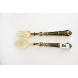 A pair of mid 19th century French silver handled and mother of pearl salad servers by Philippe