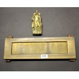 A large brass letterbox, W. 41cm, together with a brass doorknocker of a knight.