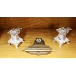 A 1920's / 30's Pilgrimage inkwell (W. 15cm) and pen stand with a pair of Dresden porcelain