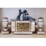 An Art Deco figural marble and spelter clock set, H. 34cm.