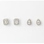 Two pairs of 925 silver cluster stud earrings set with cubic zirconias, largest 1 x 0.8cm.