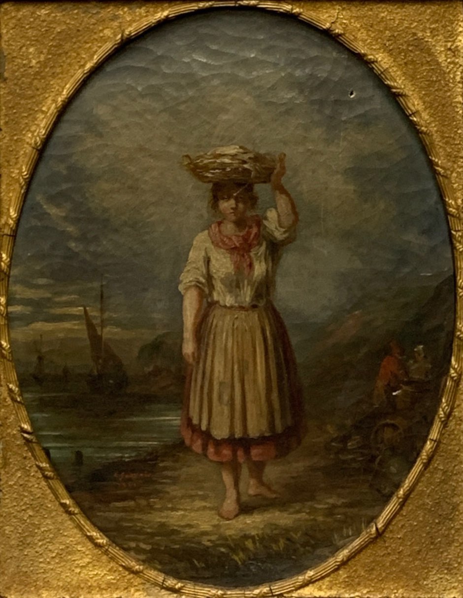 A gilt framed 19th century oil on canvas depicting a woman carrying a basket of fish on her head, - Image 2 of 2