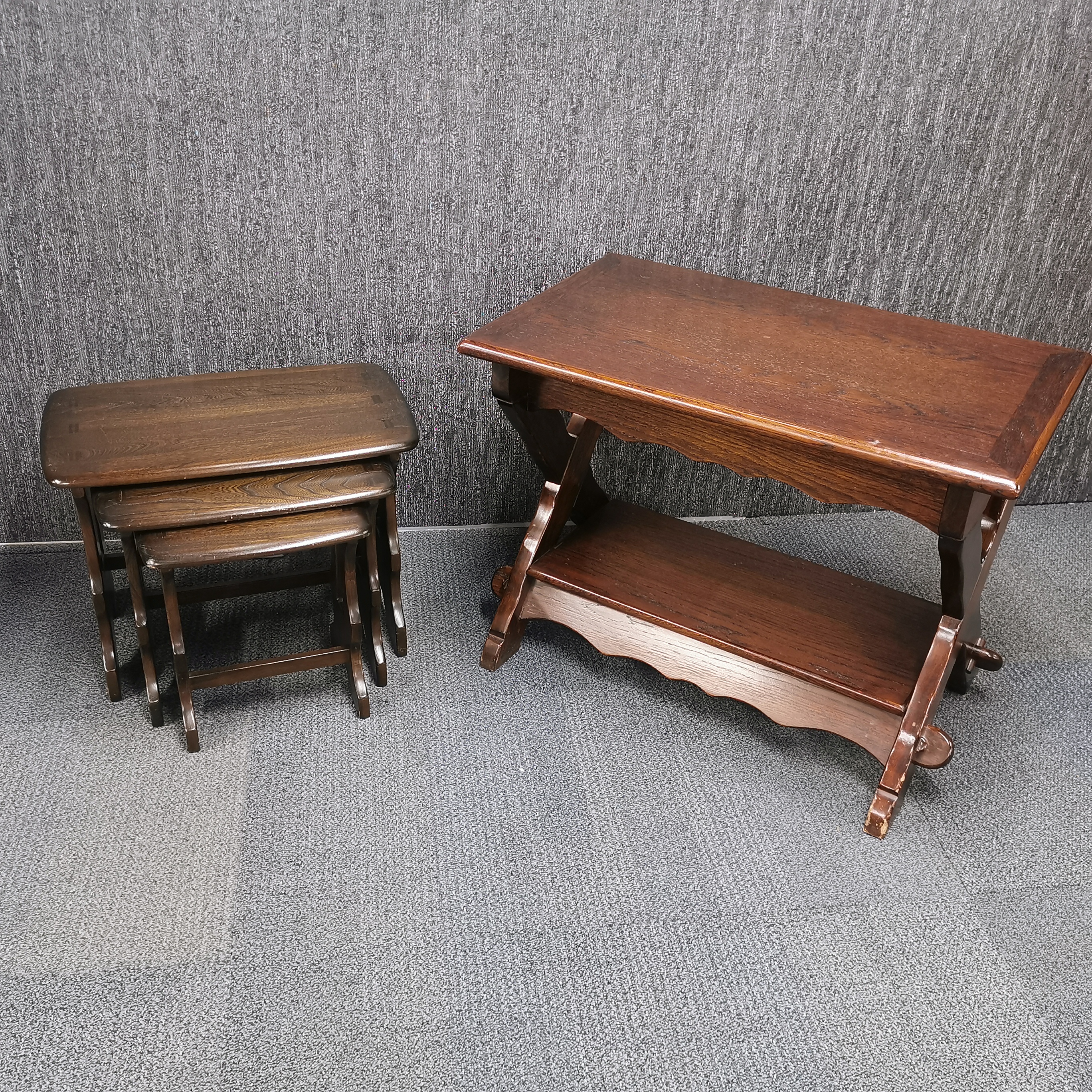 An oak two-tier, cross ended table with rotating top together with an oak stained beechwood nest - Image 3 of 3