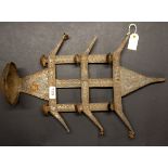 An interesting wrought and hammered iron hanging oil lamp, H. 53cm. Prov. Estate of the late Dr.