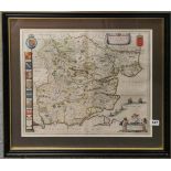 An early framed hand coloured map of Essex, Blau 1648 with information verso, frame size 69 x