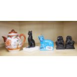 A group of small items, including a Chinese porcelain cat, and a pair of soapstone liondogs.