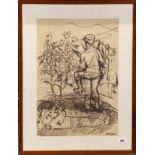 An interesting double sided pair of framed ink sketches which appear to record firing squads with