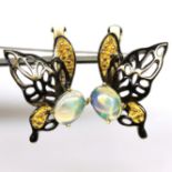 A pair of 925 silver gilt butterfly shaped earrings set with cabochon cut opals, L. 1.8cm.