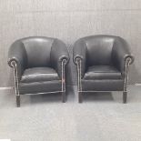 A pair of black leather upholstered tub chairs. 84 X 75 X 74cm each. Damage to leather on both