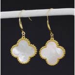 A pair of 18ct yellow gold drop clover style earrings set with carved mother of pearl, L. 3.5cm.