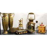 A pair of Art Nouveau hammered brass vases, H. 31cm, together with other interesting items.