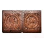 A pair of Tudor carved oak panels with Romayne medallions, 25 x 29cm. Prov. Estate of the late Dr.