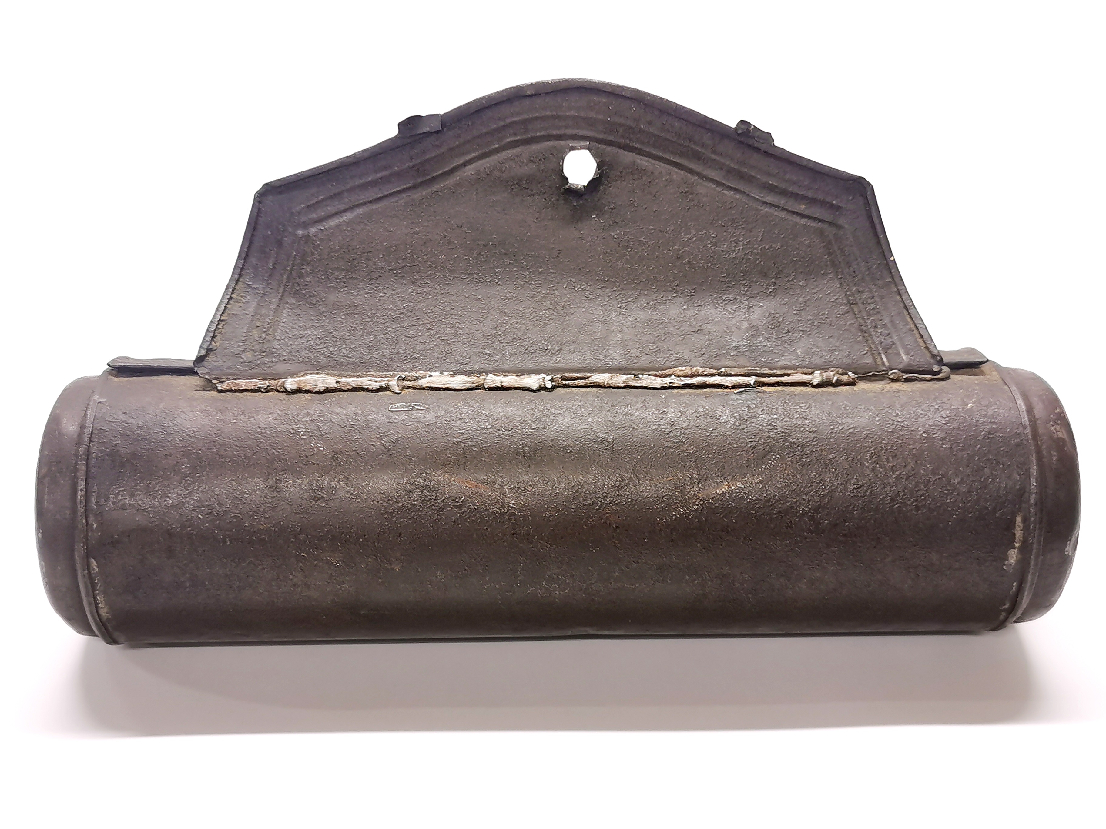 An early hammered iron wall mounted candle box, L. 33cm, with three early tallow candles. Prov. - Image 3 of 3