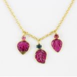 A 925 silver gilt necklace set with carved watermelon tourmaline, L. 42cm. Slight repair to one