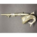 A silvered brass/bronze Asian pipe with fish and duck decoration, H. 40cm. Prov. Estate of the