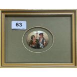 A framed hand painted porcelain miniature, miniature W. 5.8cm, frame W. 19.5cm.