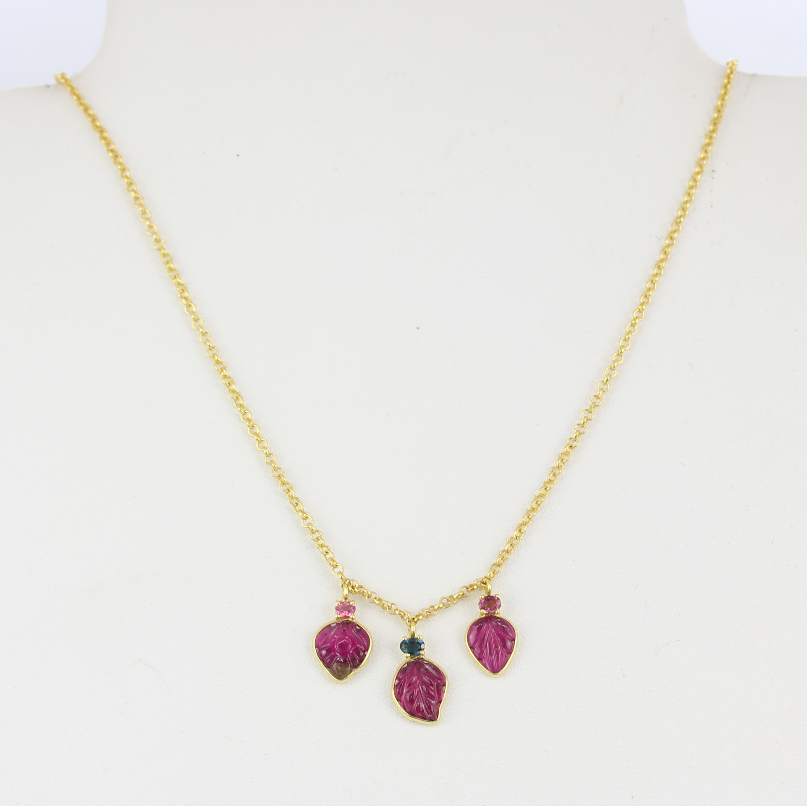 A 925 silver gilt necklace set with carved watermelon tourmaline, L. 42cm. Slight repair to one - Image 2 of 2