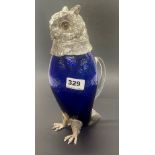 A superb blue glass and silver plate owl jug with glass eyes, J. 28cm.