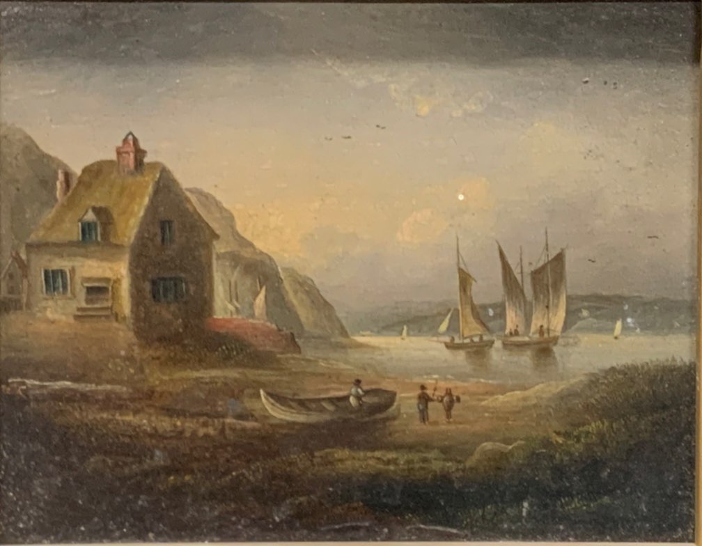 A 19th century gilt framed oil on tin of a coastal scene, frame size 35 x 31cm. - Image 2 of 2