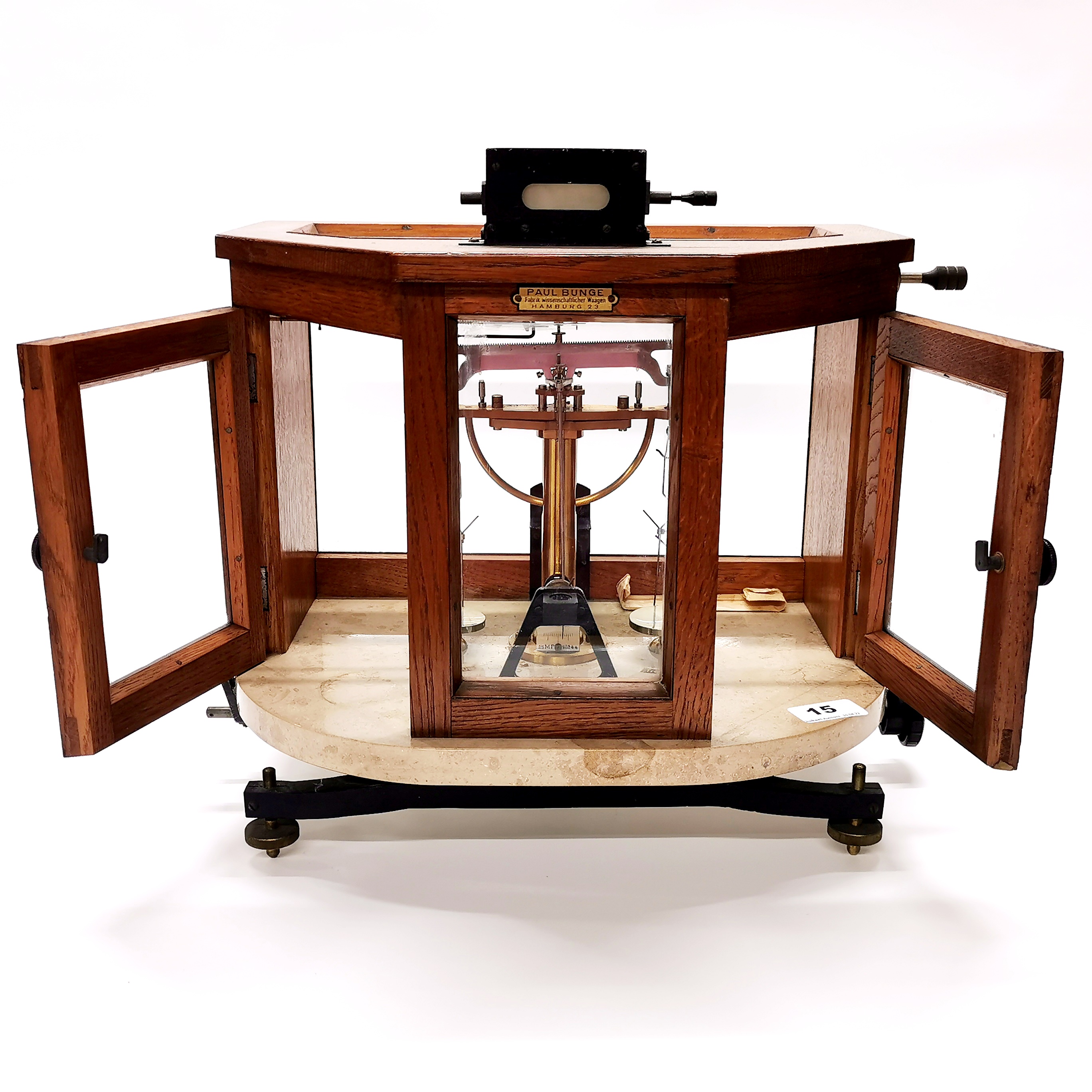 An oak and marble based antique balance scale, W. 36cm, H. 36cm. - Image 2 of 5