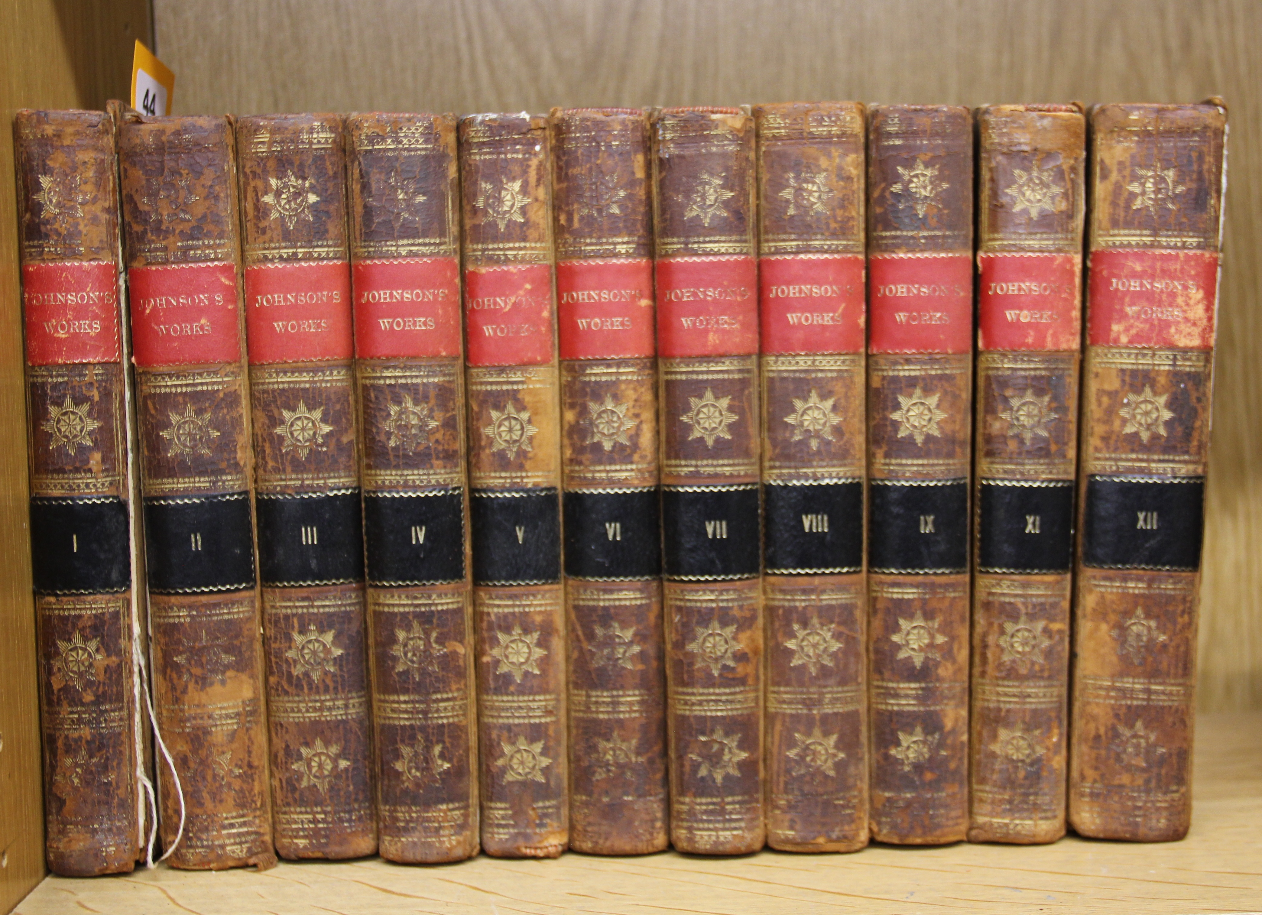11 leather bound volumes of 12 of the works of Samuel Johnson new edition c. 1792. Volume 10