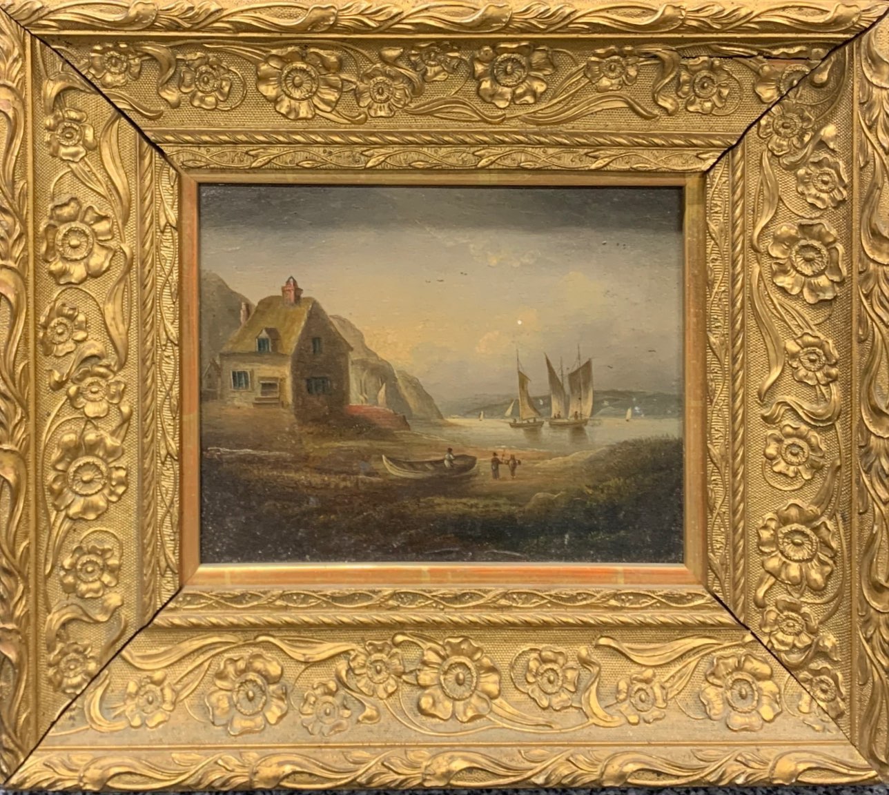 A 19th century gilt framed oil on tin of a coastal scene, frame size 35 x 31cm.