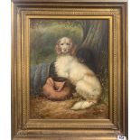 A gilt framed oil on canvas of two dogs, signed P Chambers, frame size 65 x 55cm.