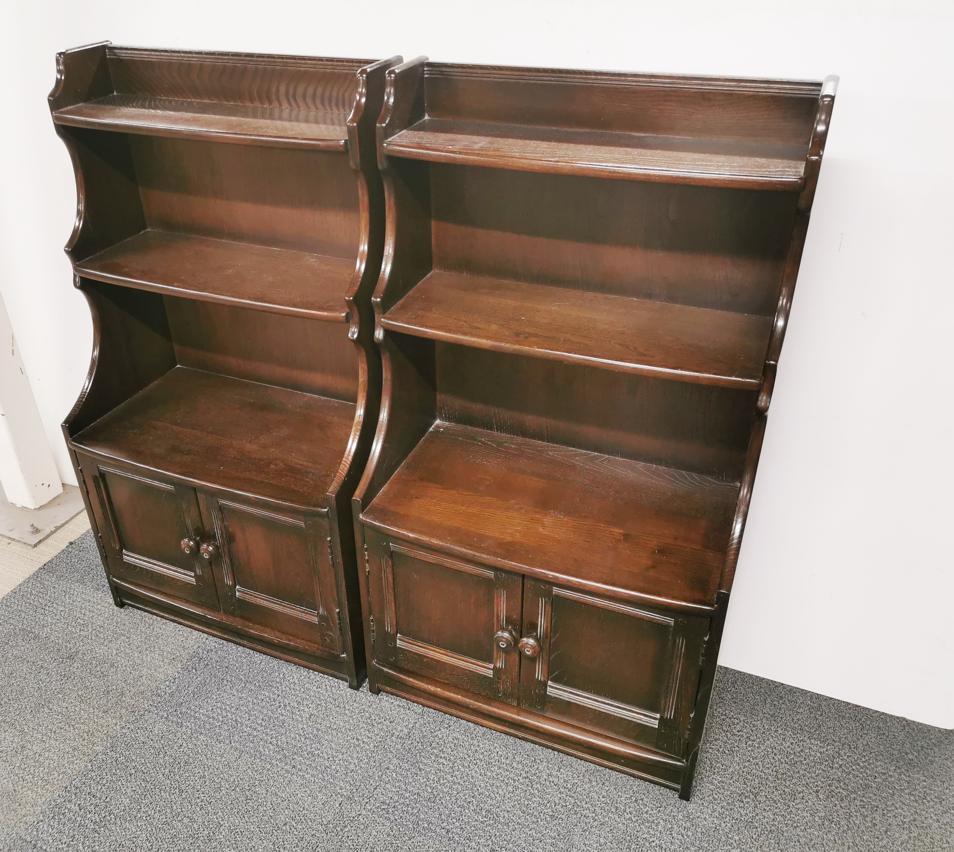 A pair of small vintage oak two shelved cabinets, 111 x 60 x 33cm. - Image 2 of 2