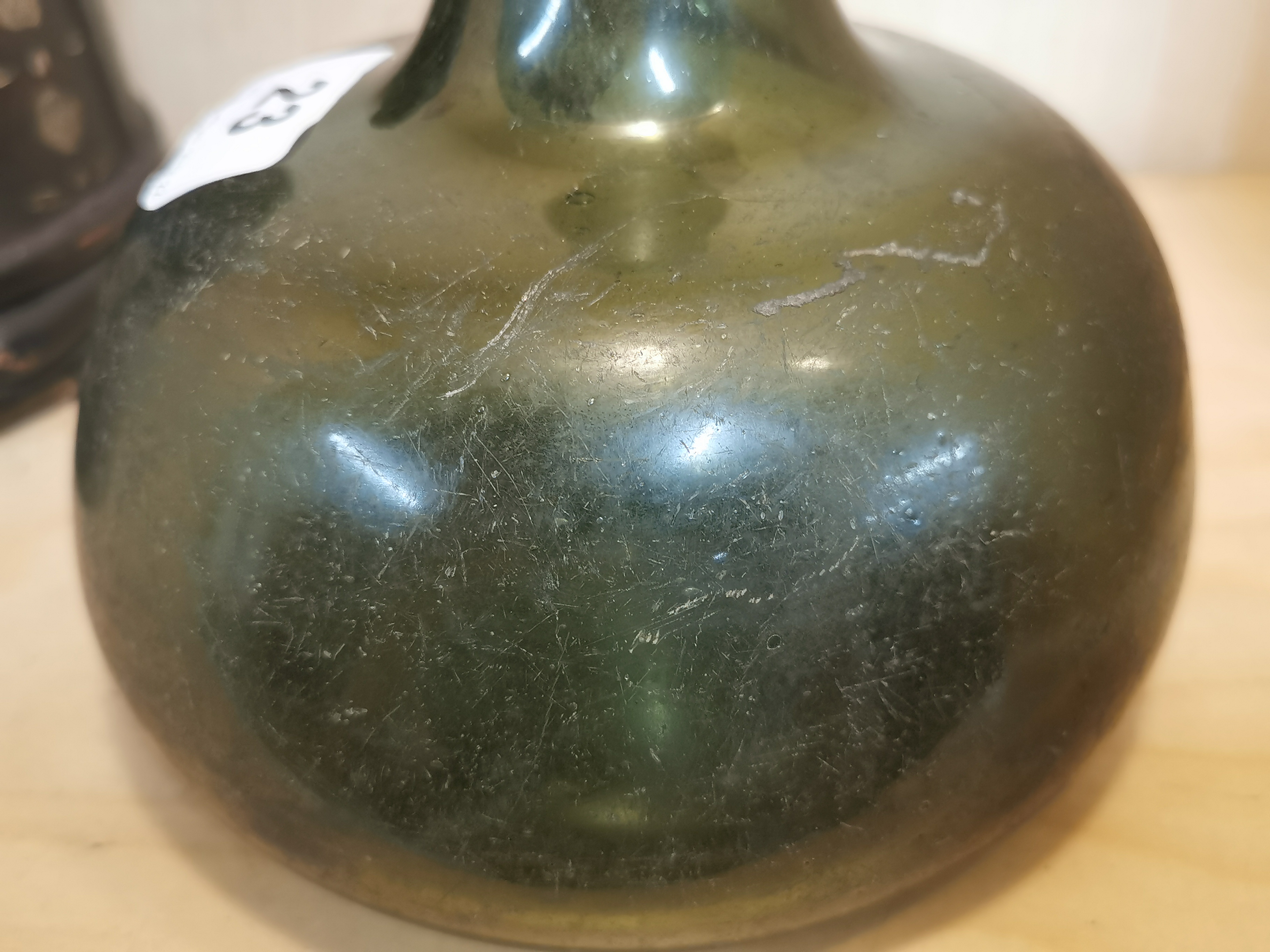 A Medieval green glass bottle, H. 16cm, together with an 18th century pewter porringer. Prov. Estate - Image 8 of 10