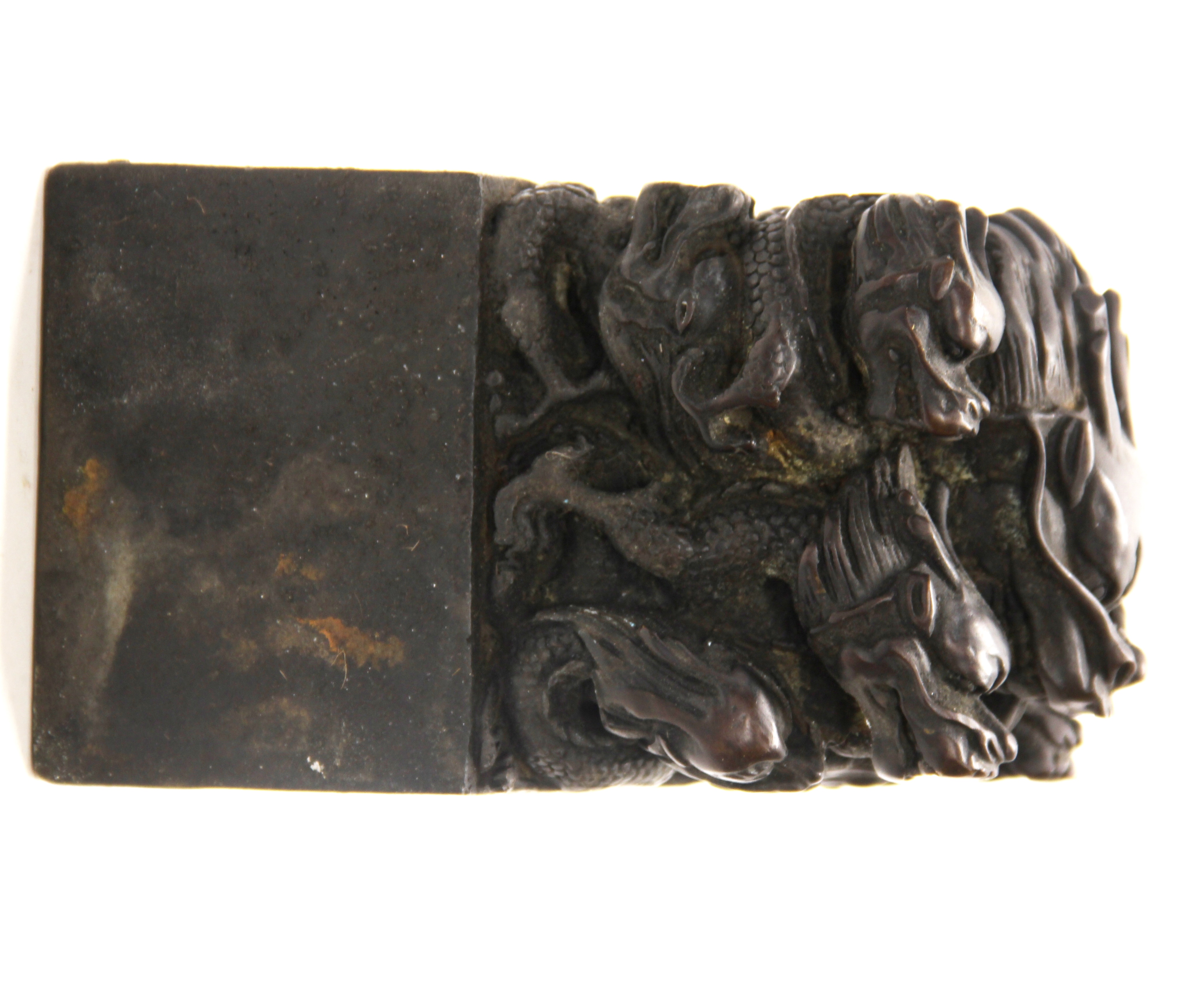 A heavy Chinese cast bronze scholar's seal decorated with dragons, H. 14cm. - Image 3 of 5
