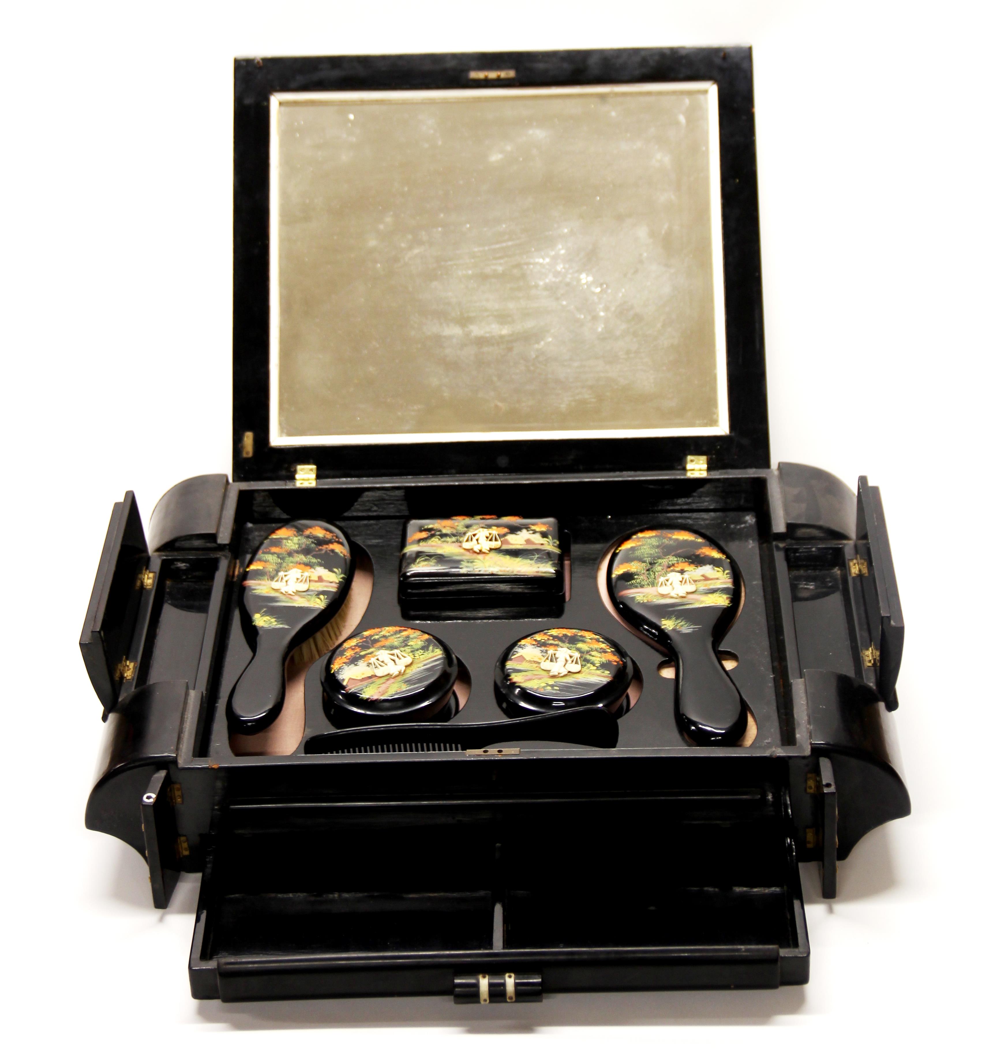 A Chinese 1920's lacquered and bone inlaid dressing table set, W. 50cm. - Image 3 of 4