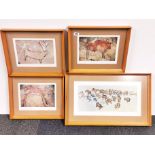 A group of four 1970's framed prints of cave paintings, frame size 41 x 58cm.