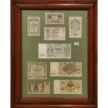 A framed collection of old Russian bank notes, frame size 71 x 89cm.