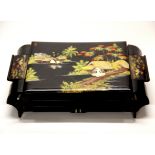 A Chinese 1920's lacquered and bone inlaid dressing table set, W. 50cm.
