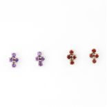 Two pairs of 925 silver stud earrings, one pair set with round cut amethysts and one pair set with