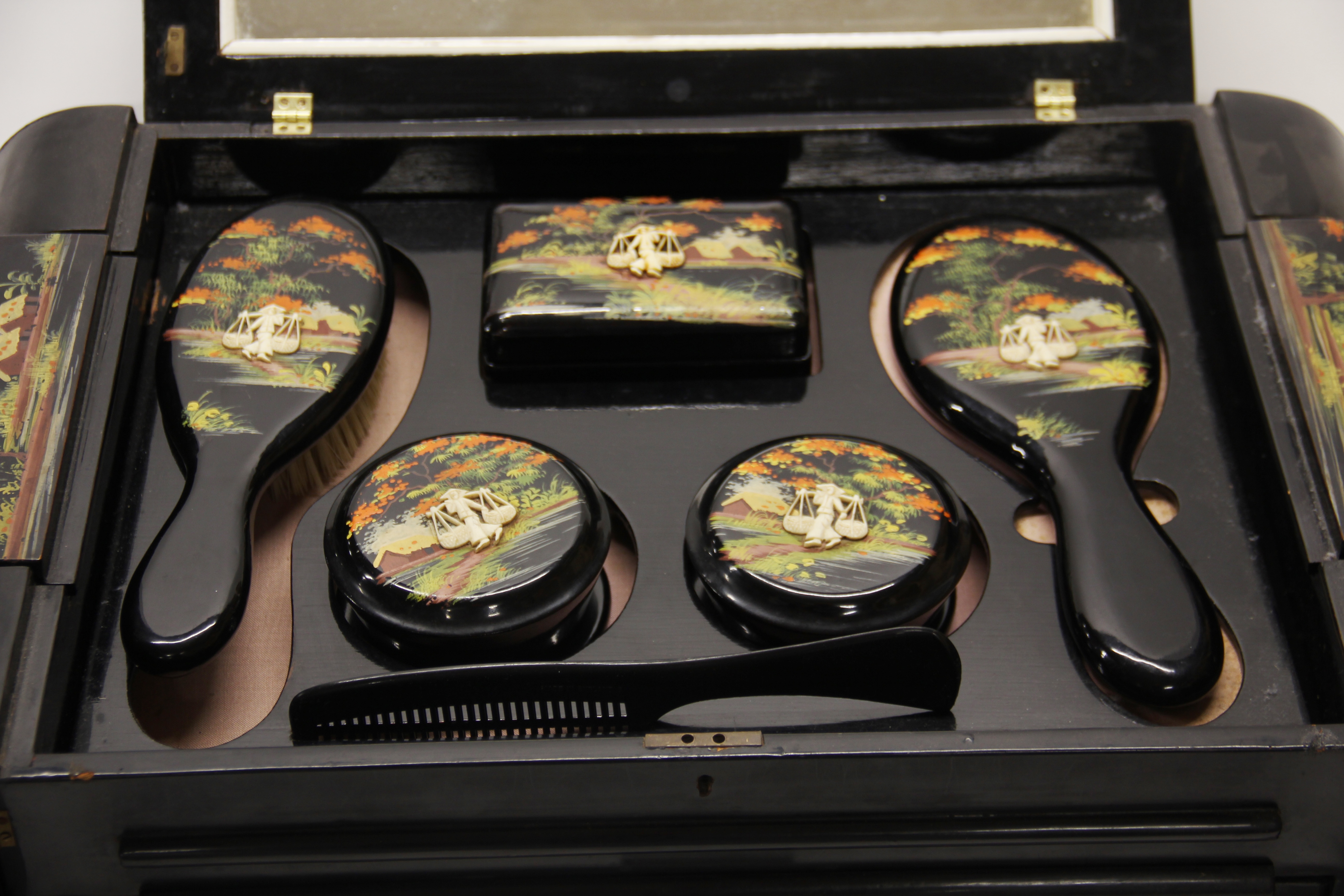 A Chinese 1920's lacquered and bone inlaid dressing table set, W. 50cm. - Image 2 of 4