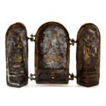 A Chinese cast bronze folding shrine, H. 14cm.