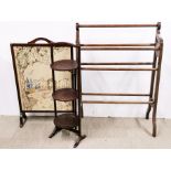 A beechwood towel rail, together with a fire screen and a cake stand.