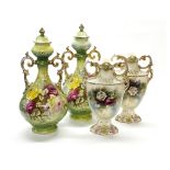 A pair of Victorian gilt porcelain vases with lids, H. 42cm, together with a further pair of