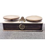 A 19th century wood, marble and brass balance scale, W. 47cm.