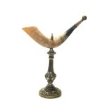 A 19th century cattle horn, silver plate and brass cornucopia centrepiece. H. 50cm.