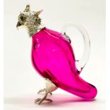 A lovely silver plate and pink glass parrot spirit jug with glass eyes, H. 16cm.