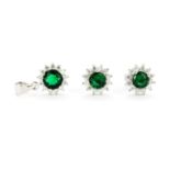 A pair of 925 silver cluster stud earrings set with a green stone surrounded by cubic zirconias, L.
