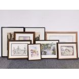 A group of framed prints and watercolours, largest frame 56 x 46cm.