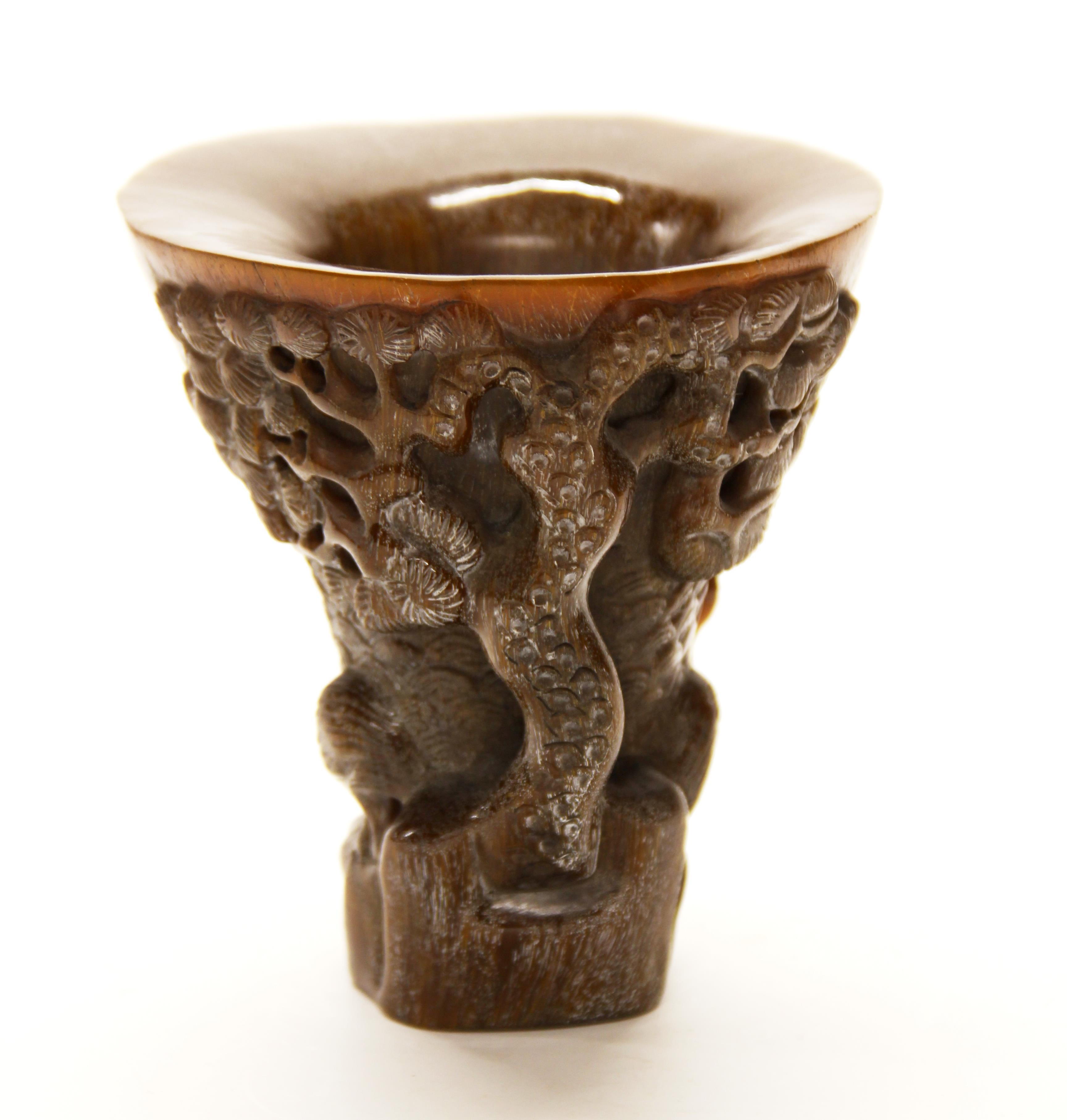 A Chinese carved horn libation cup, H. 13cm. - Image 3 of 5