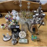 A mantel clock and other small items, including a silver plated christmas tree and a quantity of