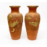 A pair of large 1920's / 30's Chinese gilt and stipple decorated Yixing terracotta vases, H. 46cm (